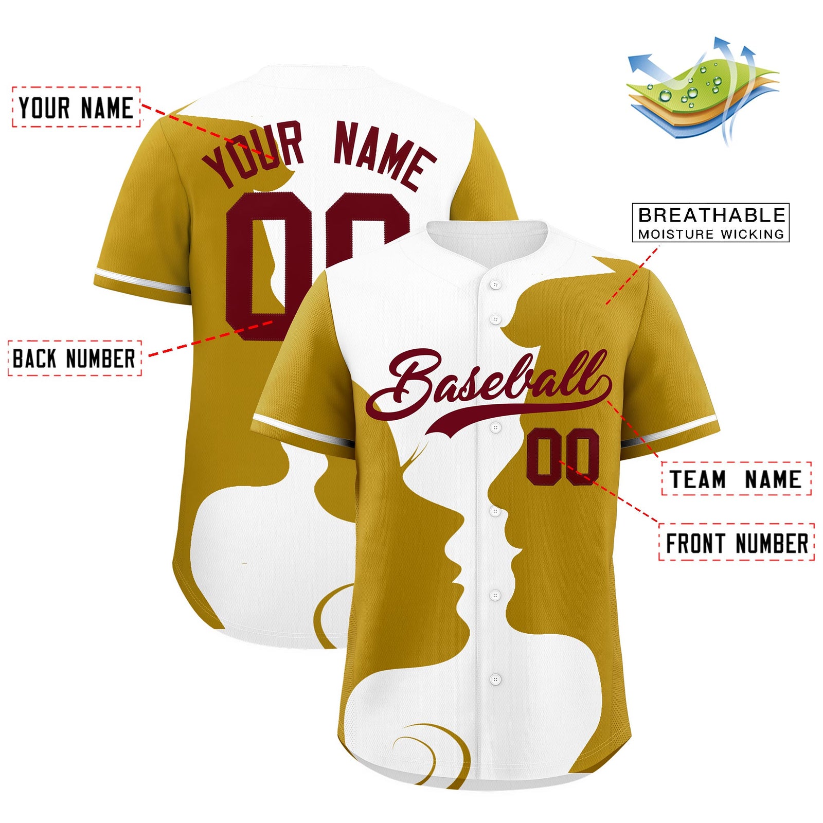 Custom White Old Gold Silhouettes of Loving Couple Valentine's Day Baseball Jersey| KXKSHOP