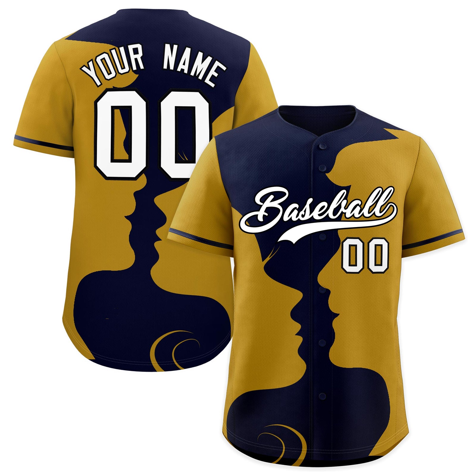 Custom Navy Old Gold Silhouettes of Loving Couple Valentine's Day Baseball Jersey| KXKSHOP