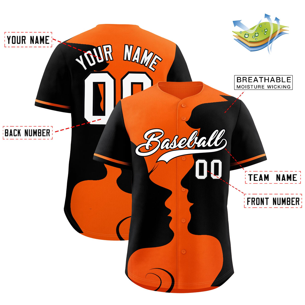 Custom Orange Black Silhouettes of Loving Couple Valentine's Day Baseball Jersey| KXKSHOP