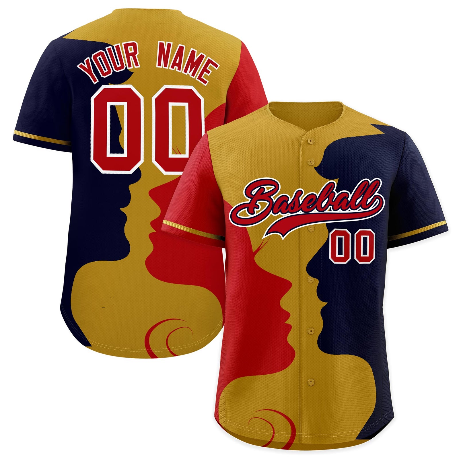 Custom Old Gold Red Navy Silhouettes of Loving Couple Valentine's Day Baseball Jersey| KXKSHOP