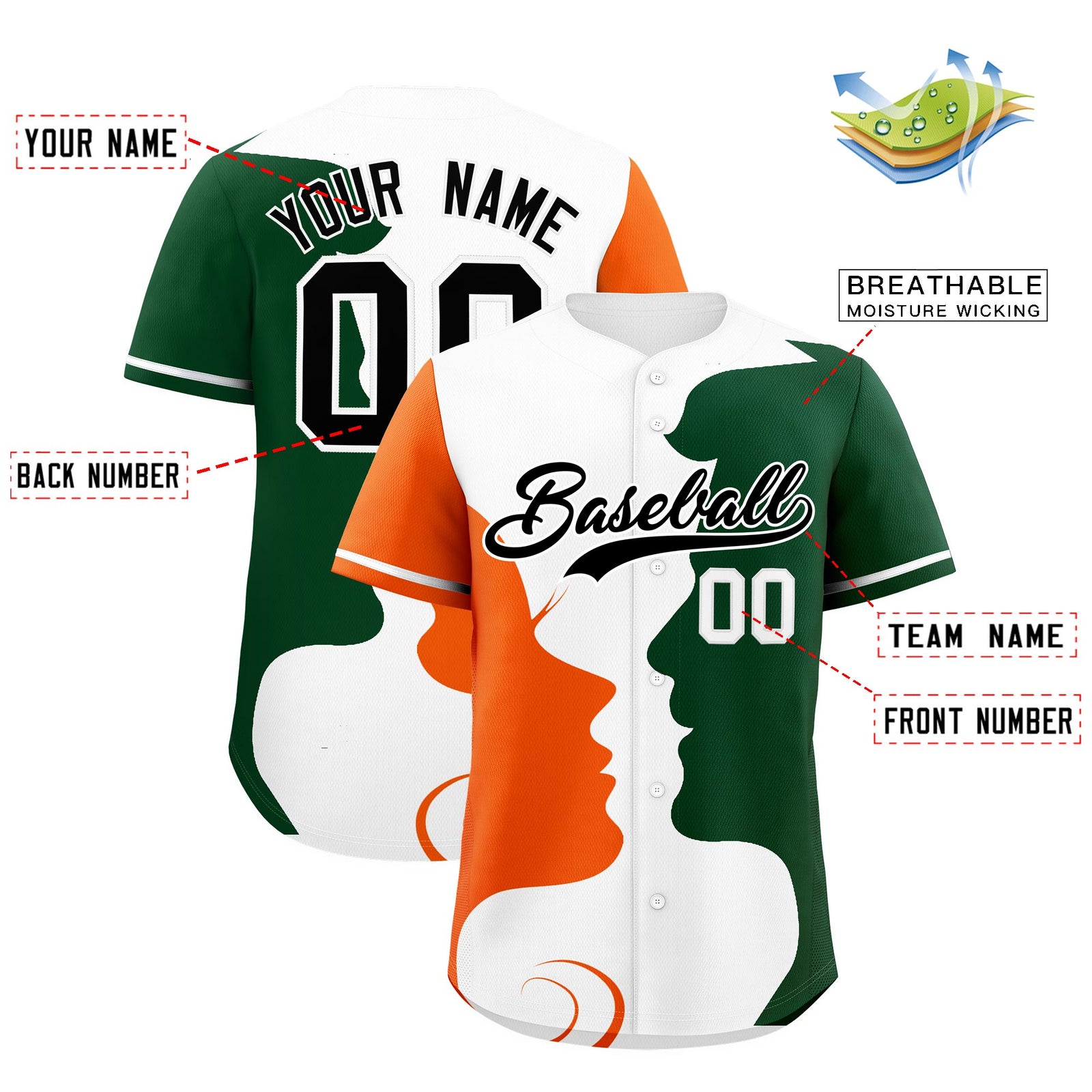 Custom White Orange Green Silhouettes of Loving Couple Valentine's Day Baseball Jersey| KXKSHOP