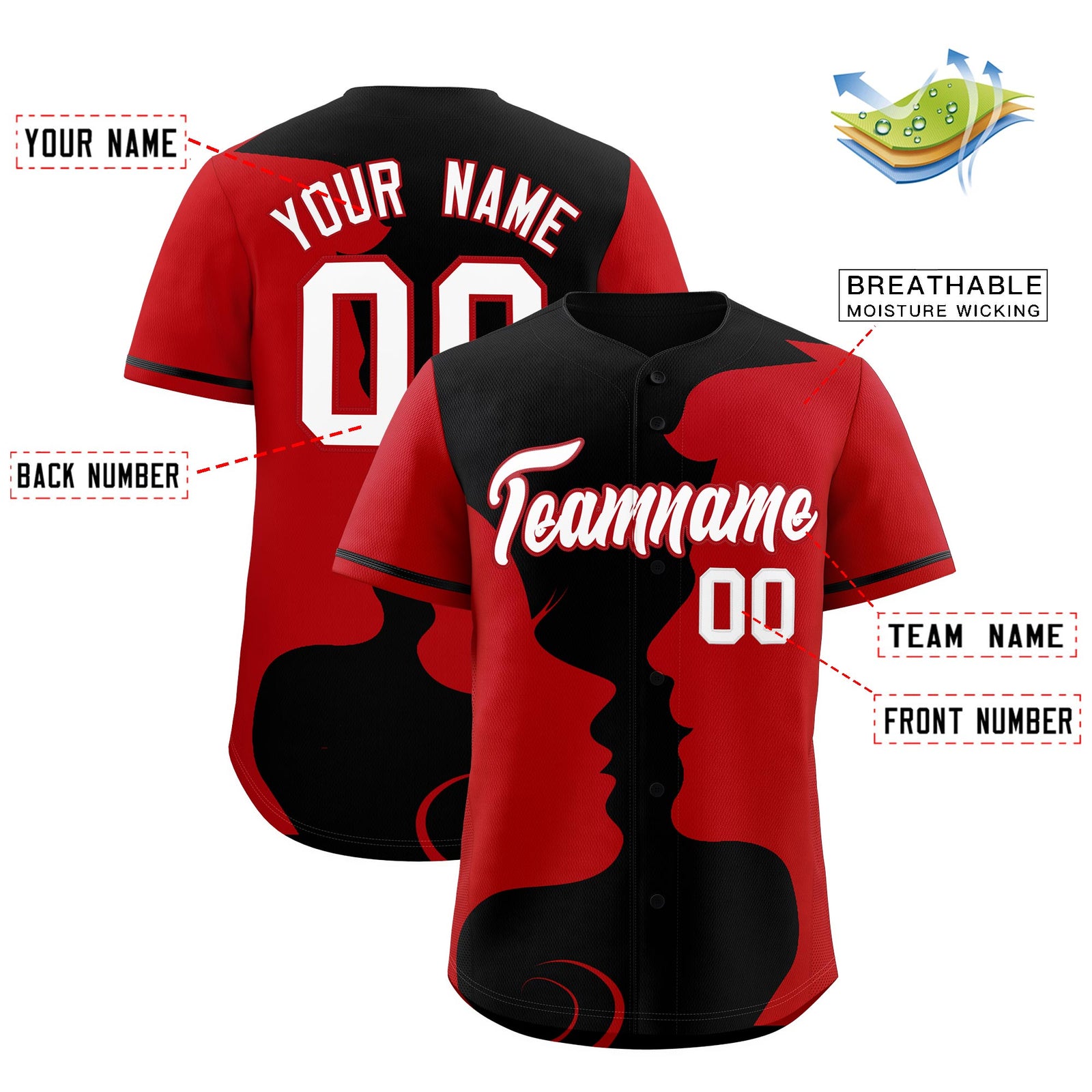 Custom Black Red Silhouettes of Loving Couple Valentine's Day Baseball Jersey| KXKSHOP