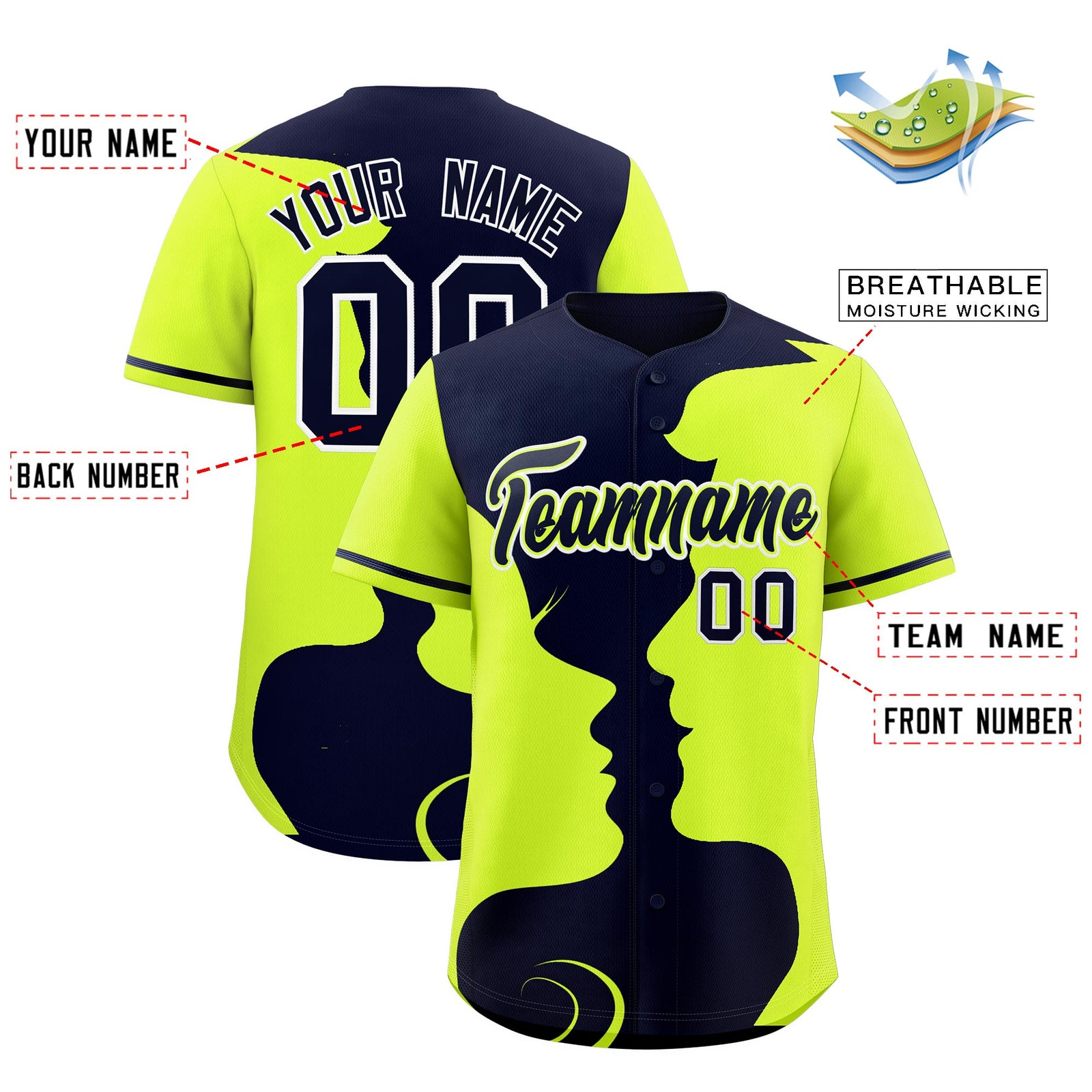 Custom Navy Neon Green Silhouettes of Loving Couple Valentine's Day Baseball Jersey| KXKSHOP