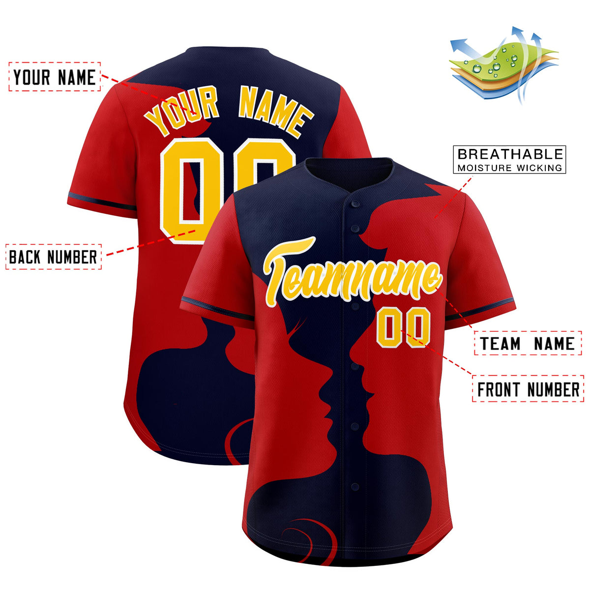 Custom Navy Red Silhouettes of Loving Couple Valentine's Day Baseball Jersey| KXKSHOP