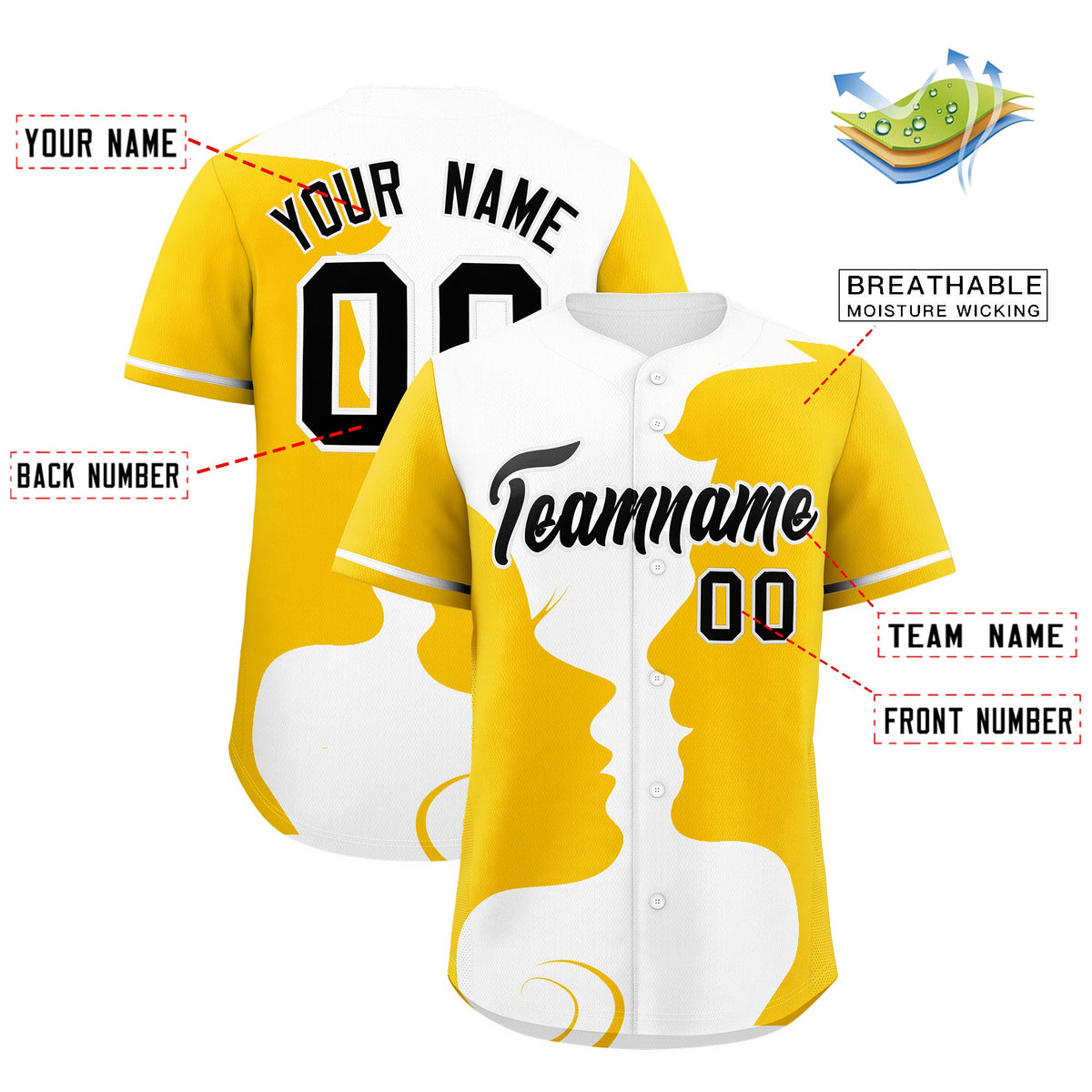 Custom White Gold Silhouettes of Loving Couple Valentine's Day Baseball Jersey| KXKSHOP