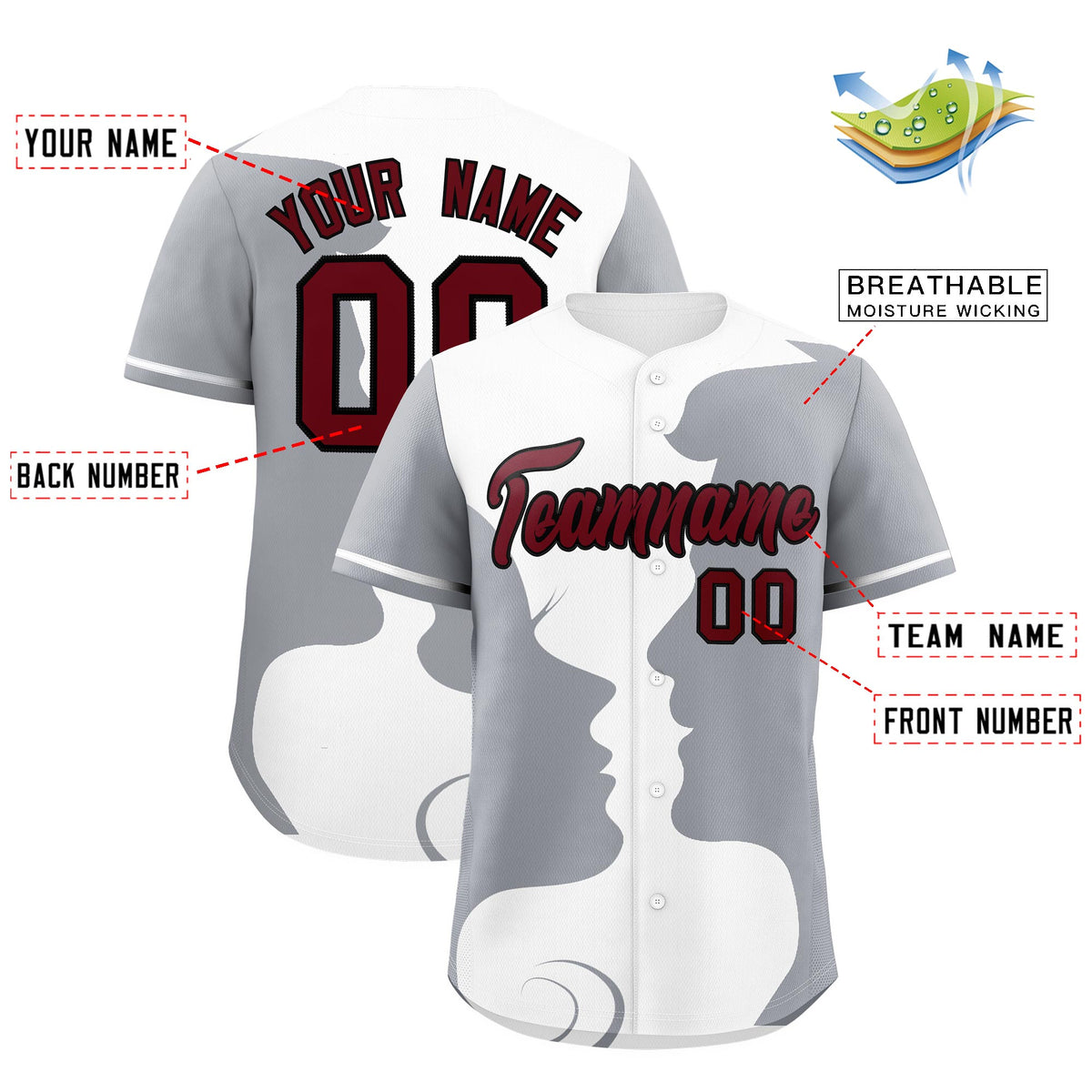 Custom Gray White Silhouettes of Loving Couple Valentine's Day Baseball Jersey| KXKSHOP