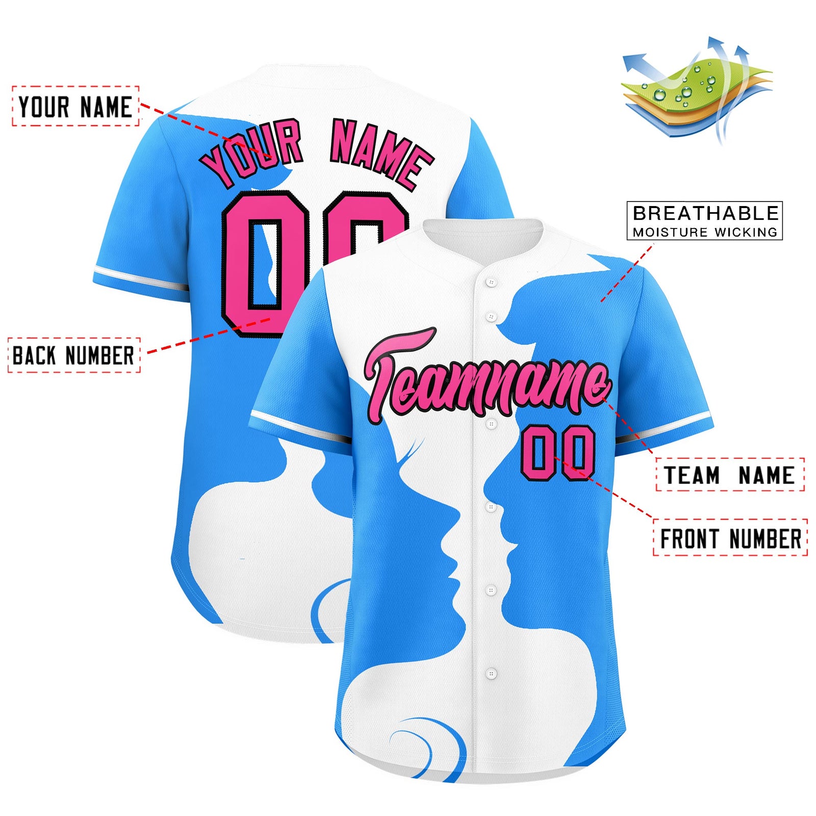 Custom White Powder Blue Silhouettes of Loving Couple Valentine's Day Baseball Jersey| KXKSHOP