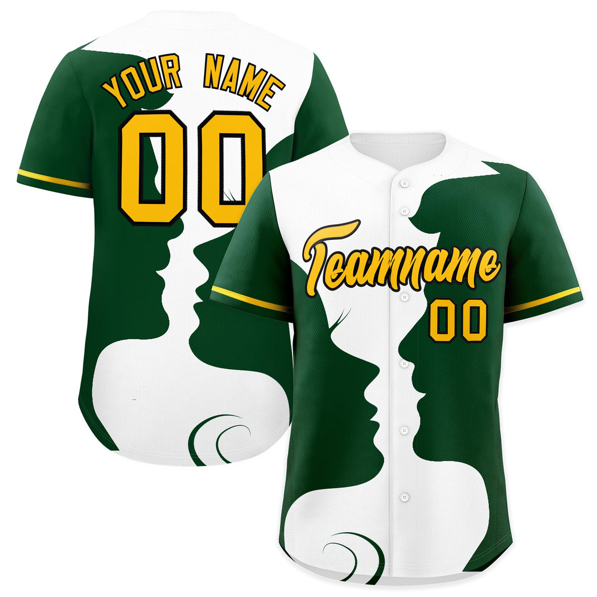 Custom Gold Green White Silhouettes of Loving Couple Valentine's Day Baseball Jersey| KXKSHOP