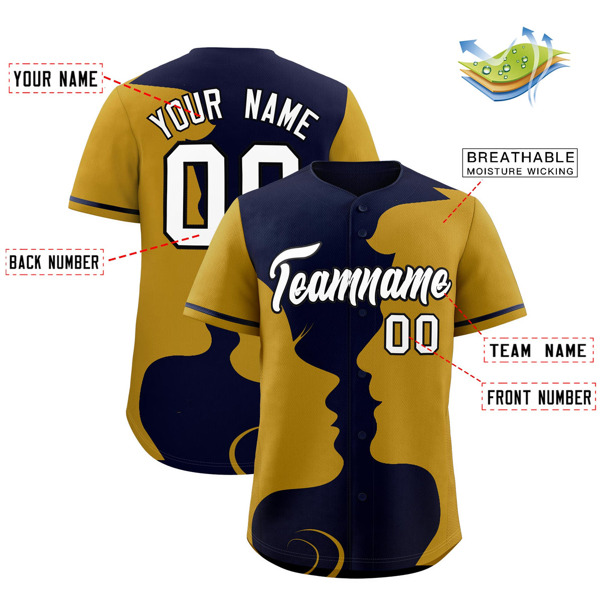 Custom Navy Old Gold Silhouettes of Loving Couple Valentine's Day Baseball Jersey| KXKSHOP