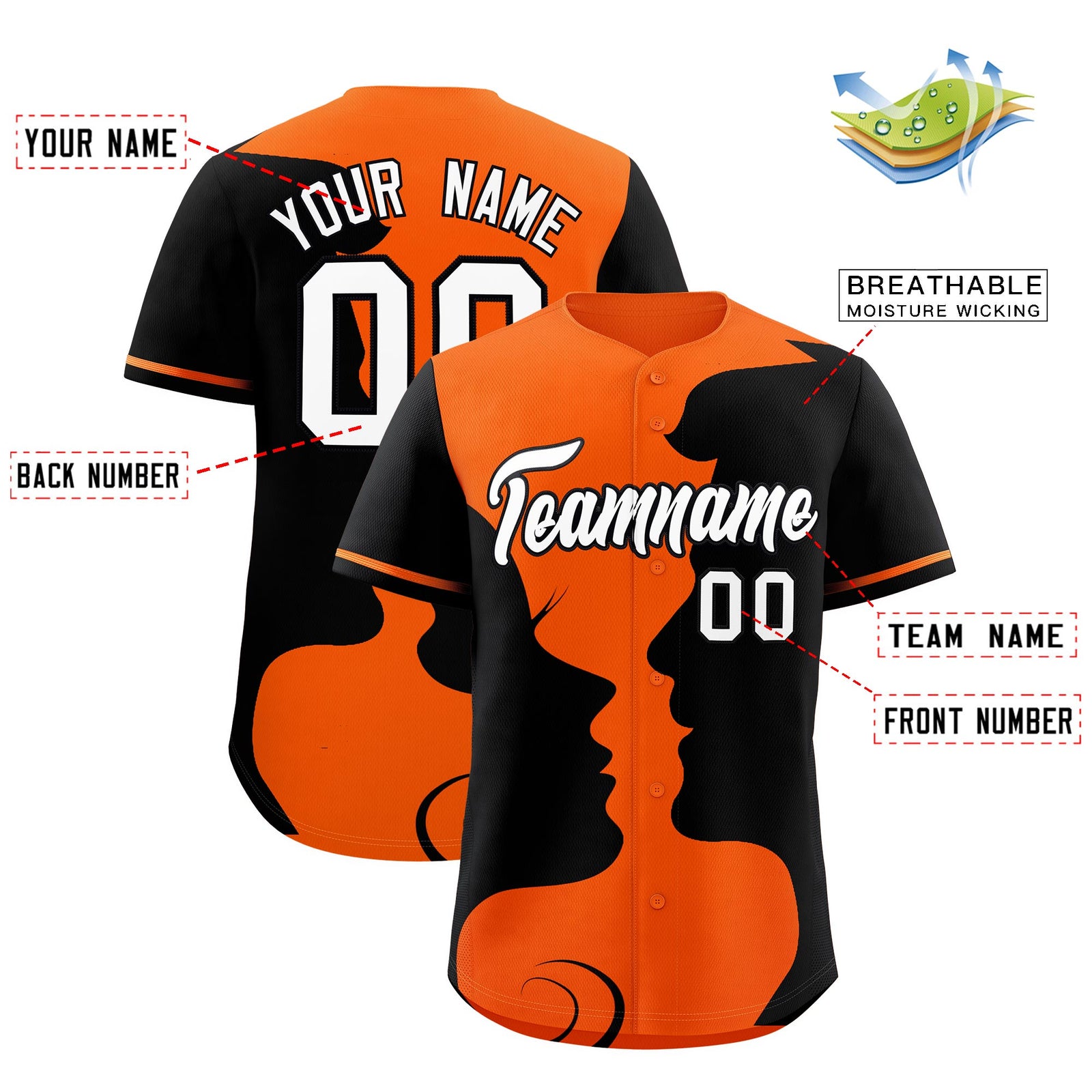 Custom Orange Black Silhouettes of Loving Couple Valentine's Day Baseball Jersey| KXKSHOP