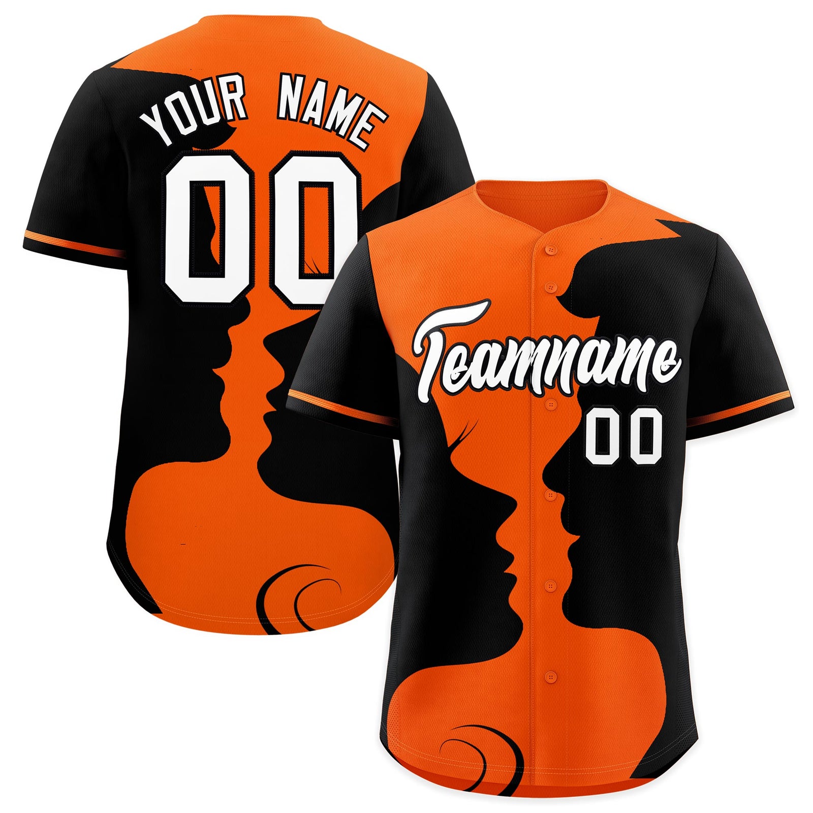 Custom Orange Black Silhouettes of Loving Couple Valentine's Day Baseball Jersey| KXKSHOP