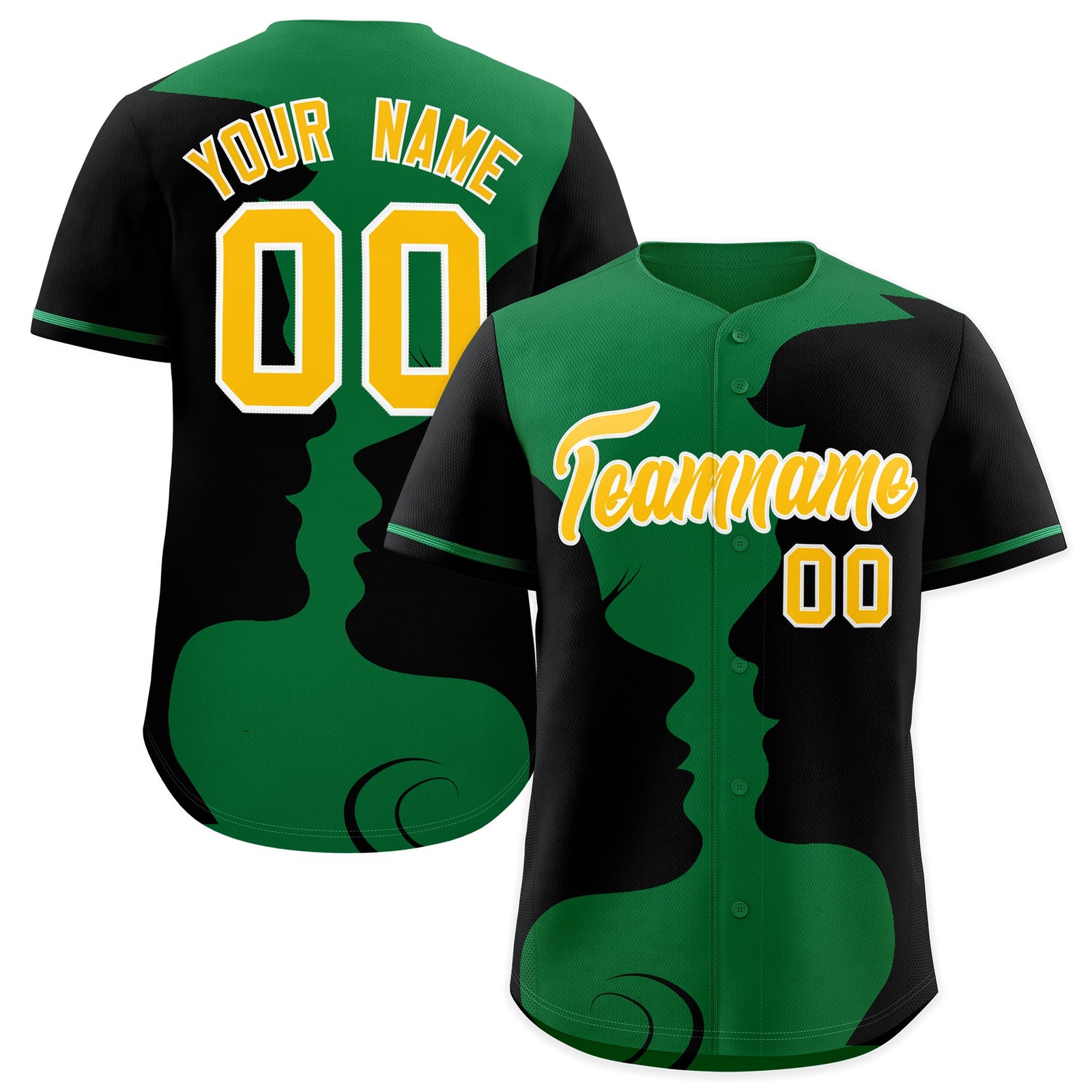 Custom Kelly Green Black Silhouettes of Loving Couple Valentine's Day Baseball Jersey| KXKSHOP