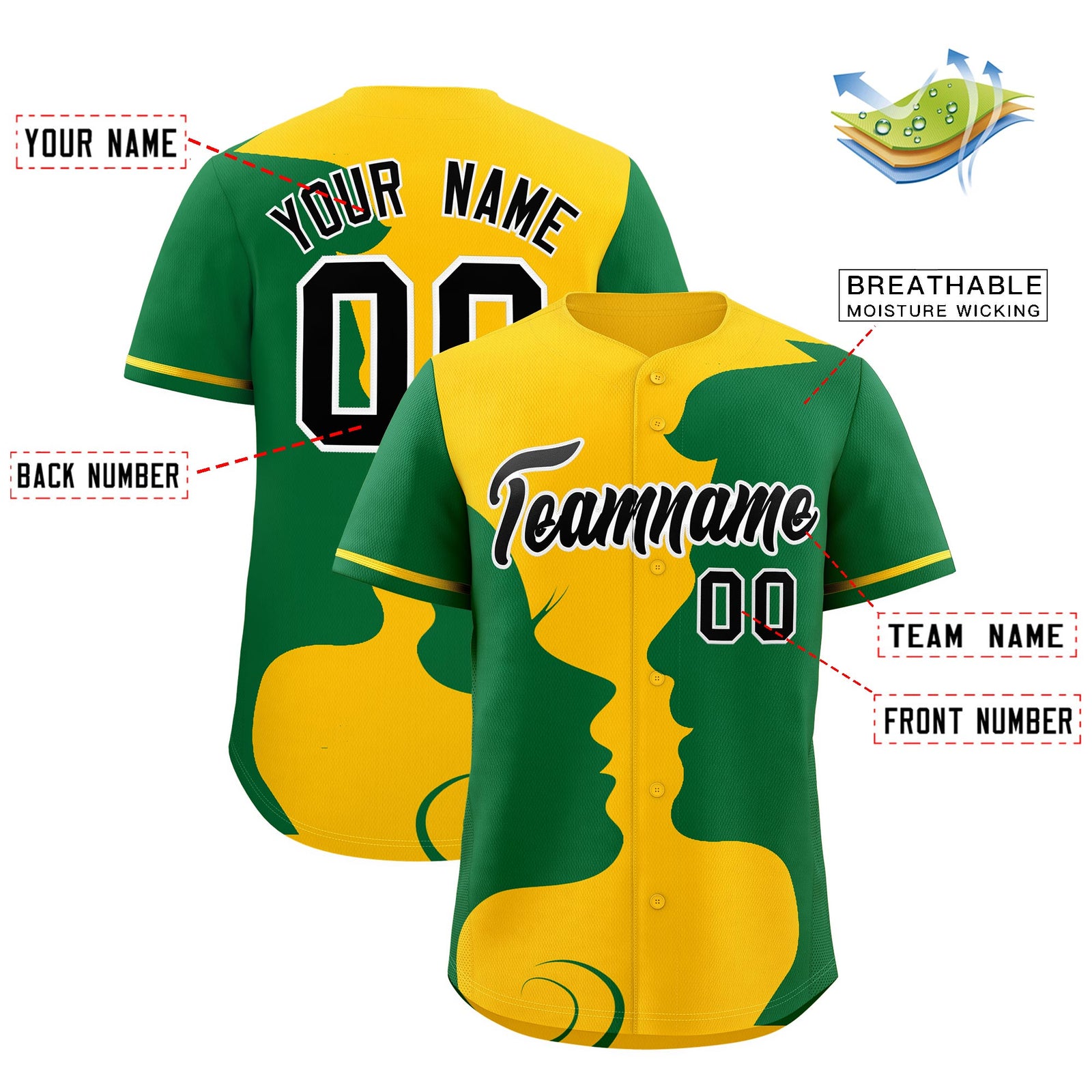 Custom Gold Kelly Green Silhouettes of Loving Couple Valentine's Day Baseball Jersey| KXKSHOP