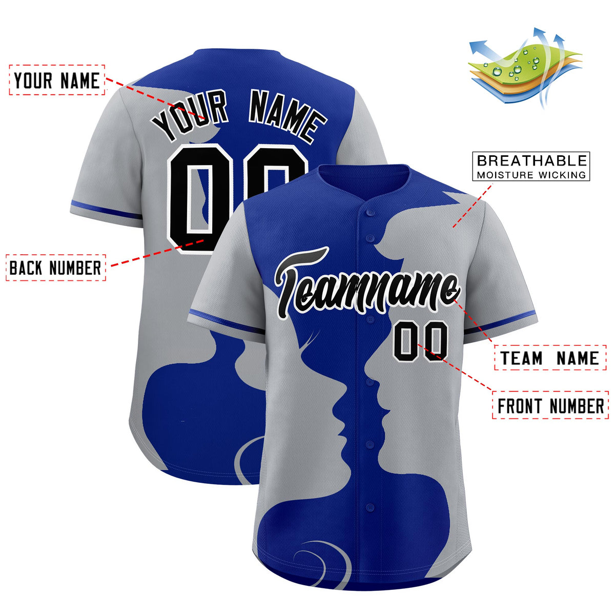 Custom Royal Gray Silhouettes of Loving Couple Valentine's Day Baseball Jersey| KXKSHOP