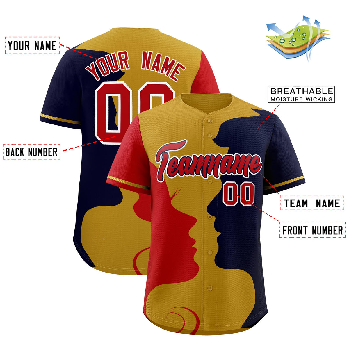 Custom Old Gold Red Navy Silhouettes of Loving Couple Valentine's Day Baseball Jersey| KXKSHOP