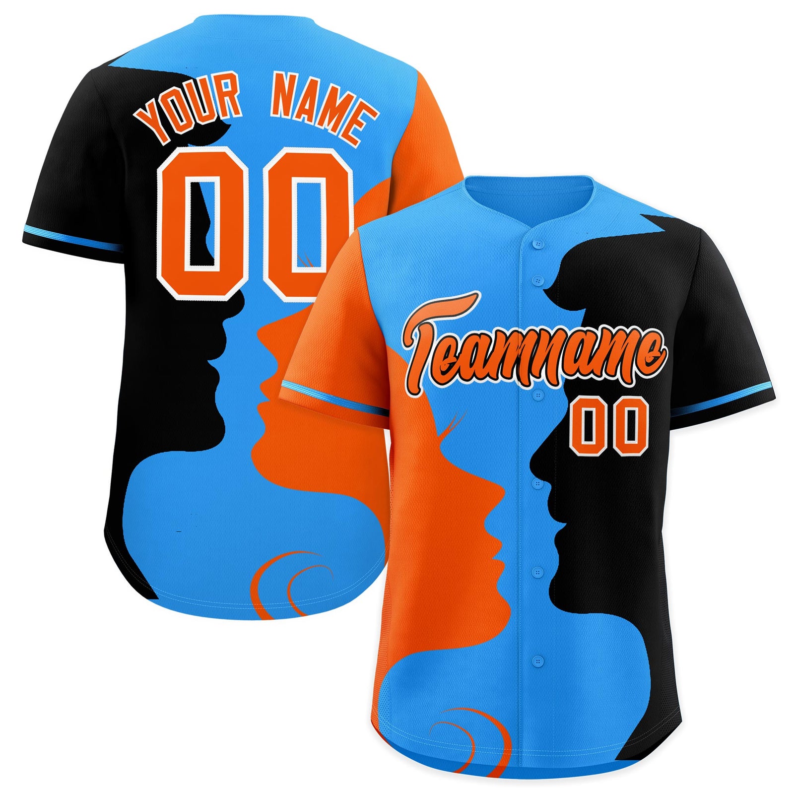 Custom Powder Blue Orange Black Silhouettes of Loving Couple Valentine's Day Baseball Jersey| KXKSHOP