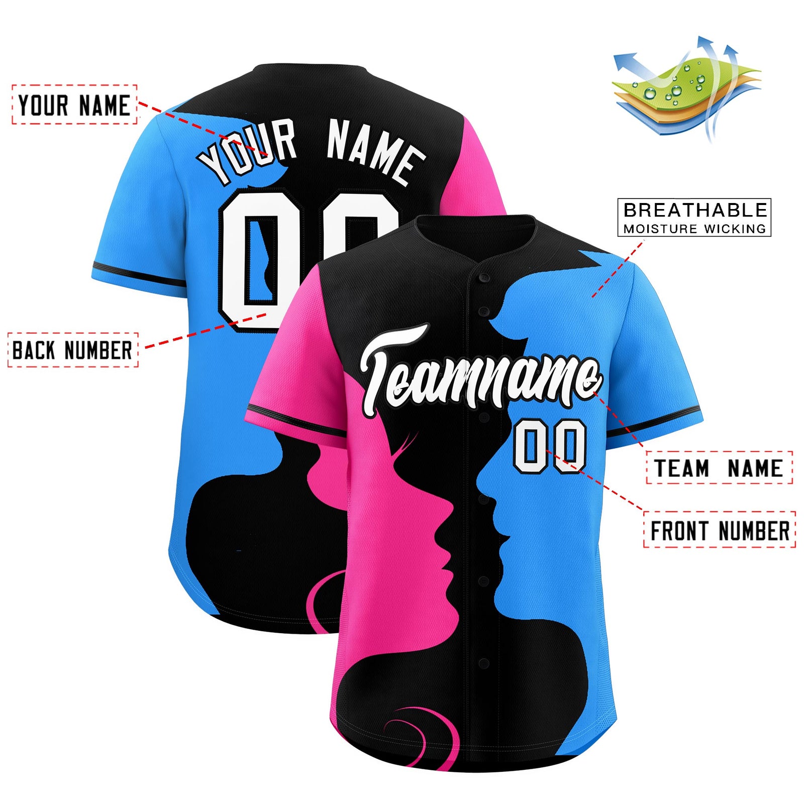 Custom Black Pink Powder Blue Silhouettes of Loving Couple Valentine's Day Baseball Jersey| KXKSHOP