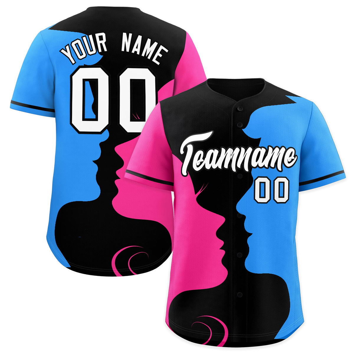 Custom Black Pink Powder Blue Silhouettes of Loving Couple Valentine's Day Baseball Jersey| KXKSHOP