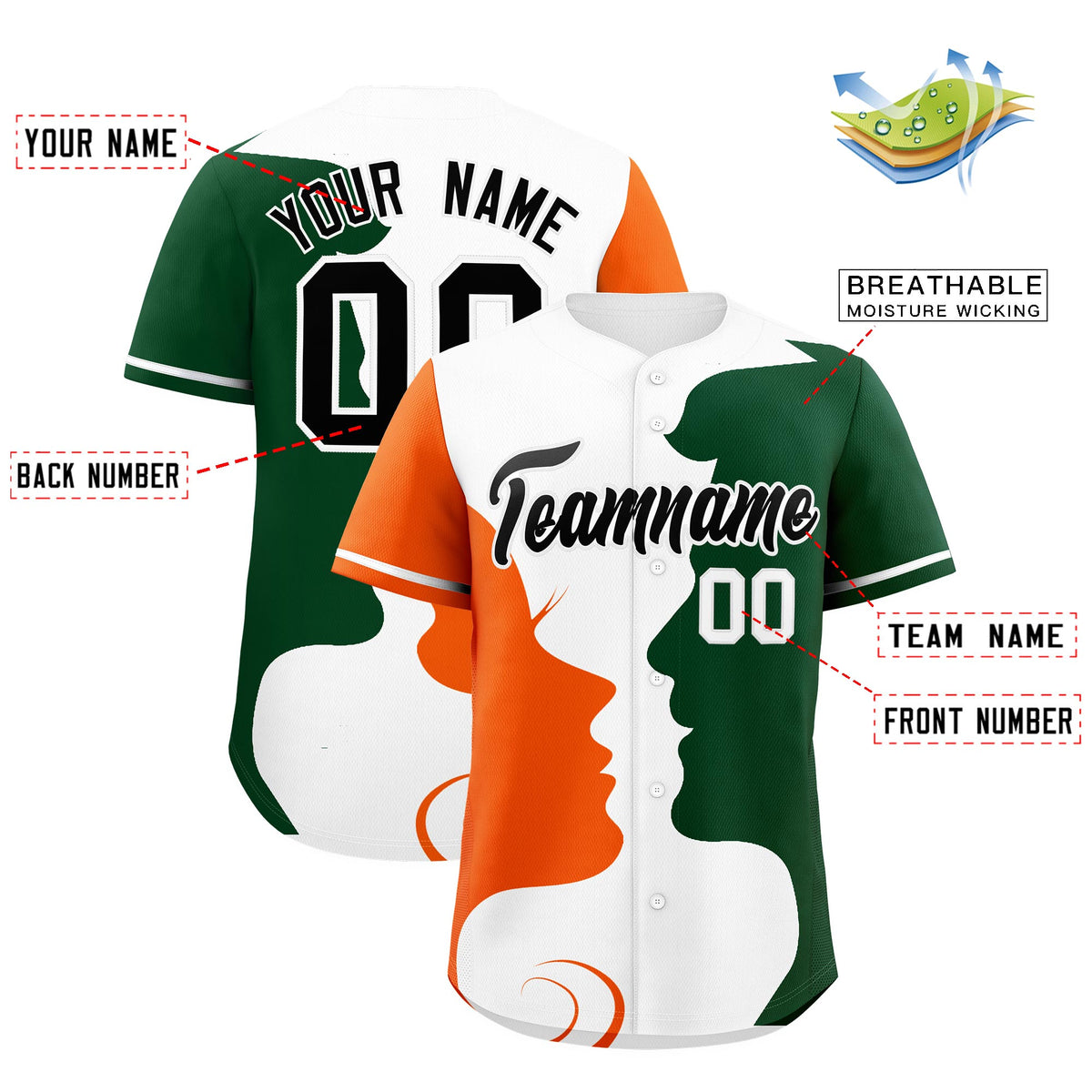 Custom White Orange Green Silhouettes of Loving Couple Valentine's Day Baseball Jersey| KXKSHOP
