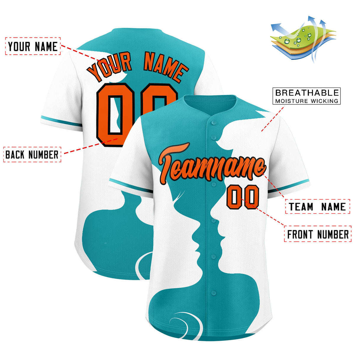 Custom Teal White Silhouettes of Loving Couple Valentine's Day Baseball Jersey| KXKSHOP