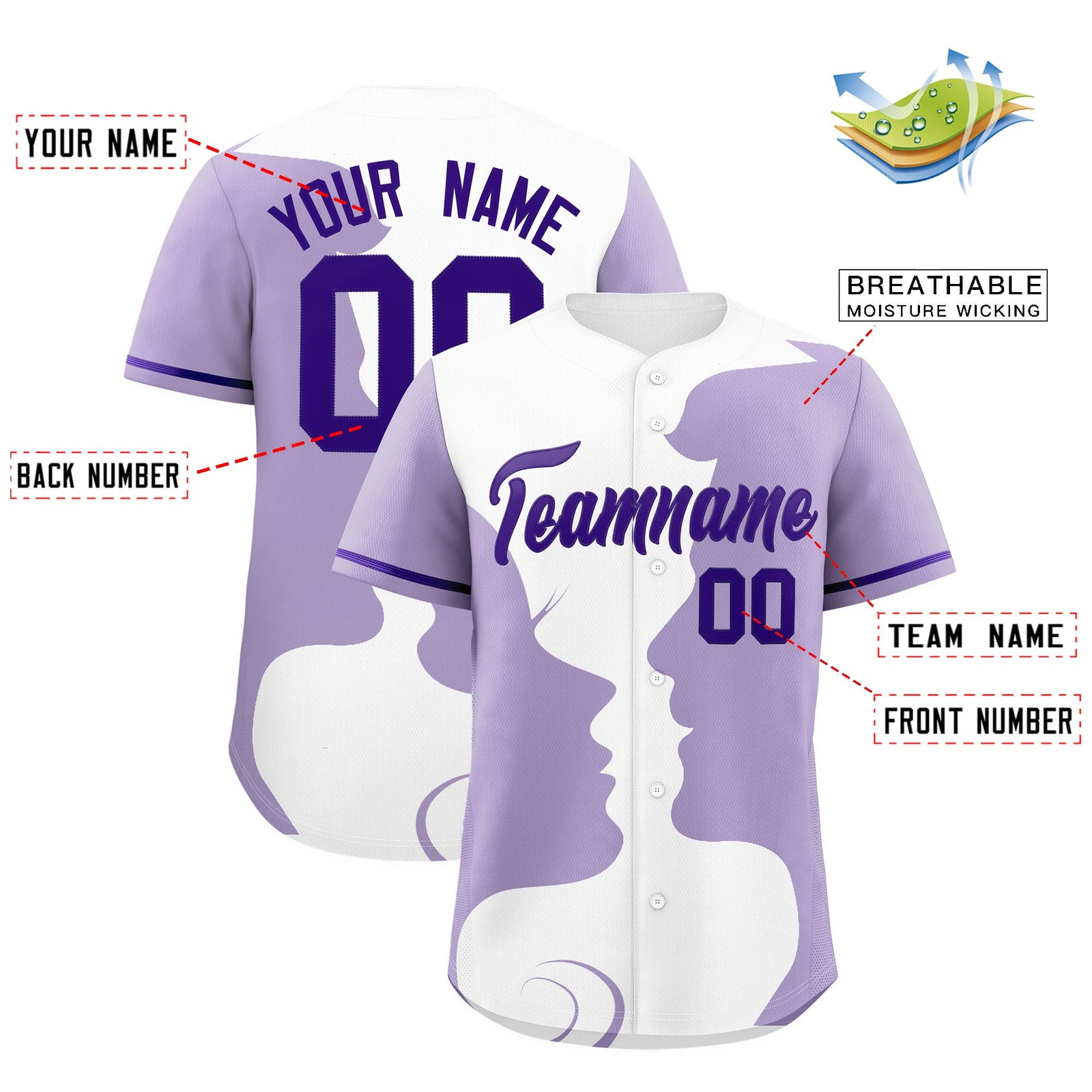 Custom Purple White Light Purple Silhouettes of Loving Couple Valentine's Day Baseball Jersey| KXKSHOP