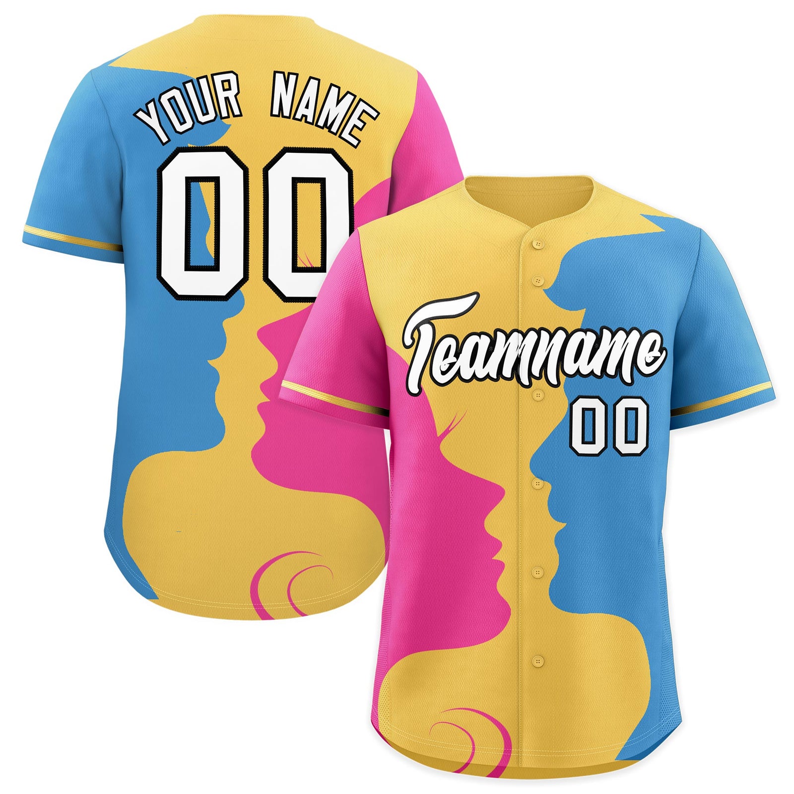 Custom Khaki Light Blue Pink Silhouettes of Loving Couple Valentine's Day Baseball Jersey| KXKSHOP