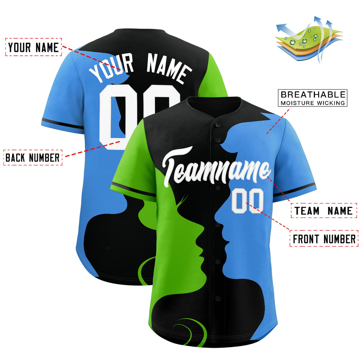 Custom Black Green Powder Blue Silhouettes of Loving Couple Valentine's Day Baseball Jersey| KXKSHOP