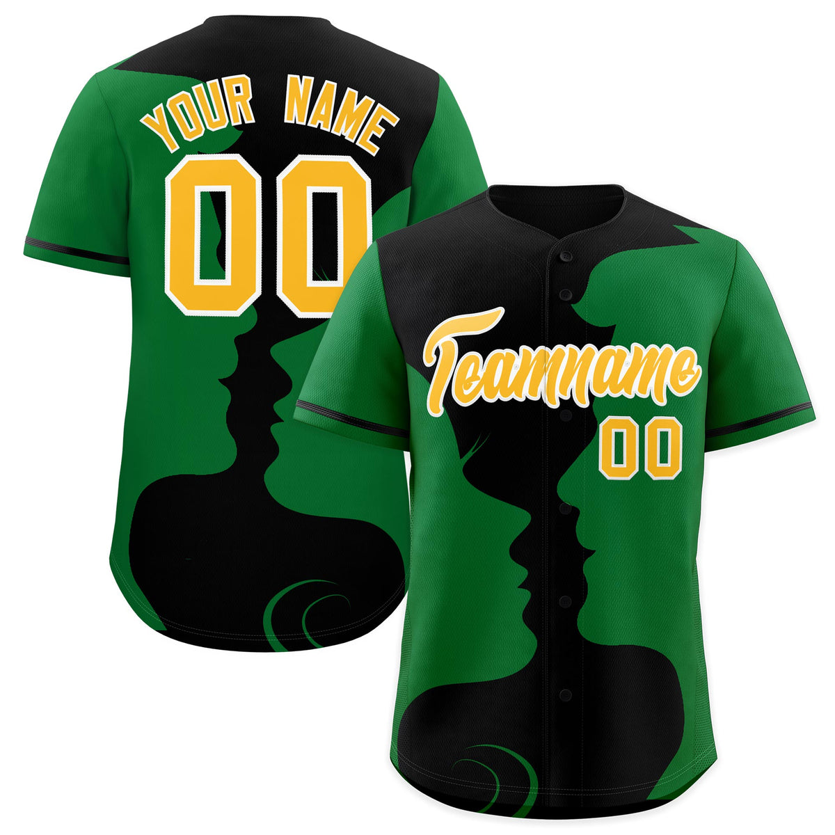 Custom Black Kelly Green Silhouettes of Loving Couple Valentine's Day Baseball Jersey| KXKSHOP