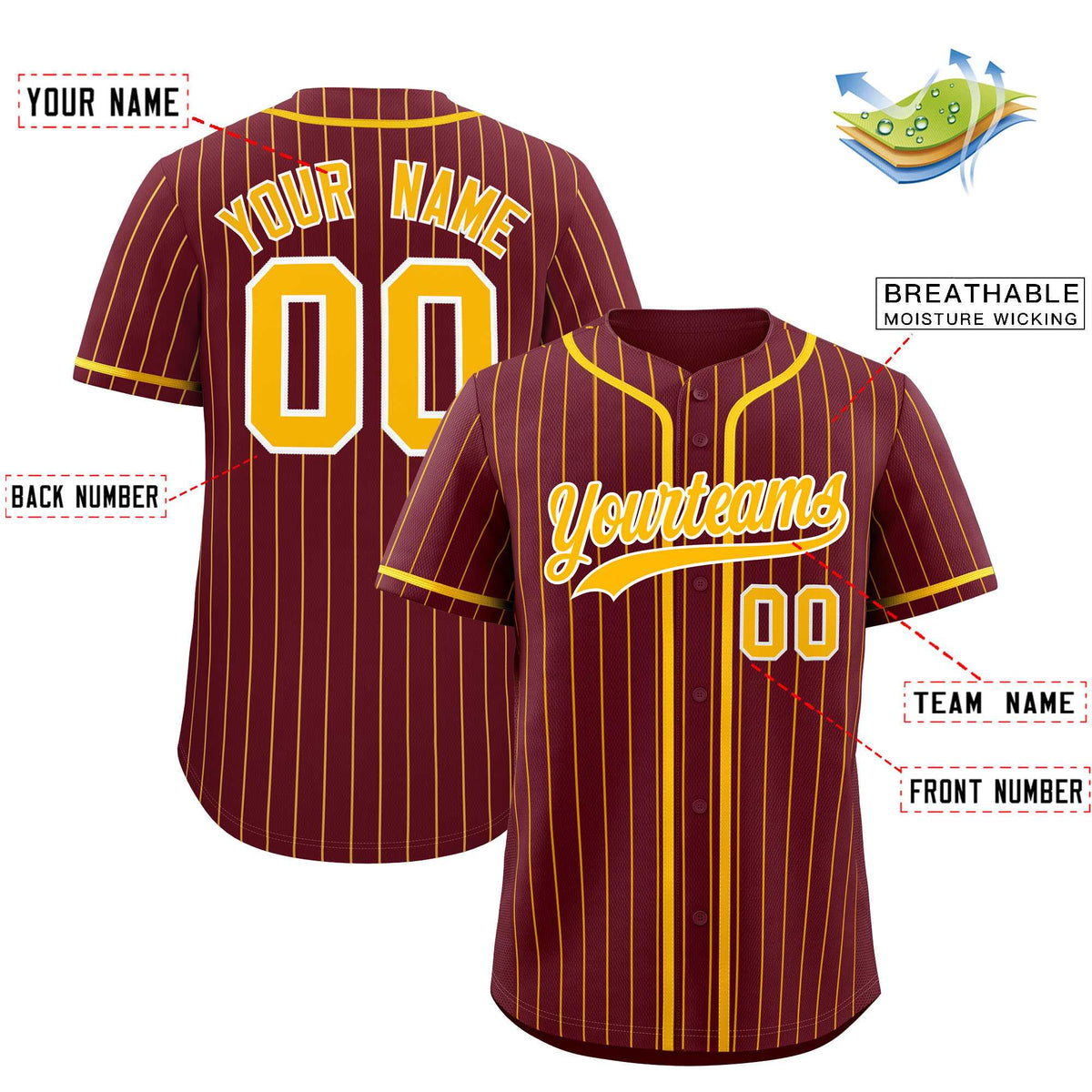 Custom Maroon Yellow Stripe Fashion Authentic Baseball Jersey