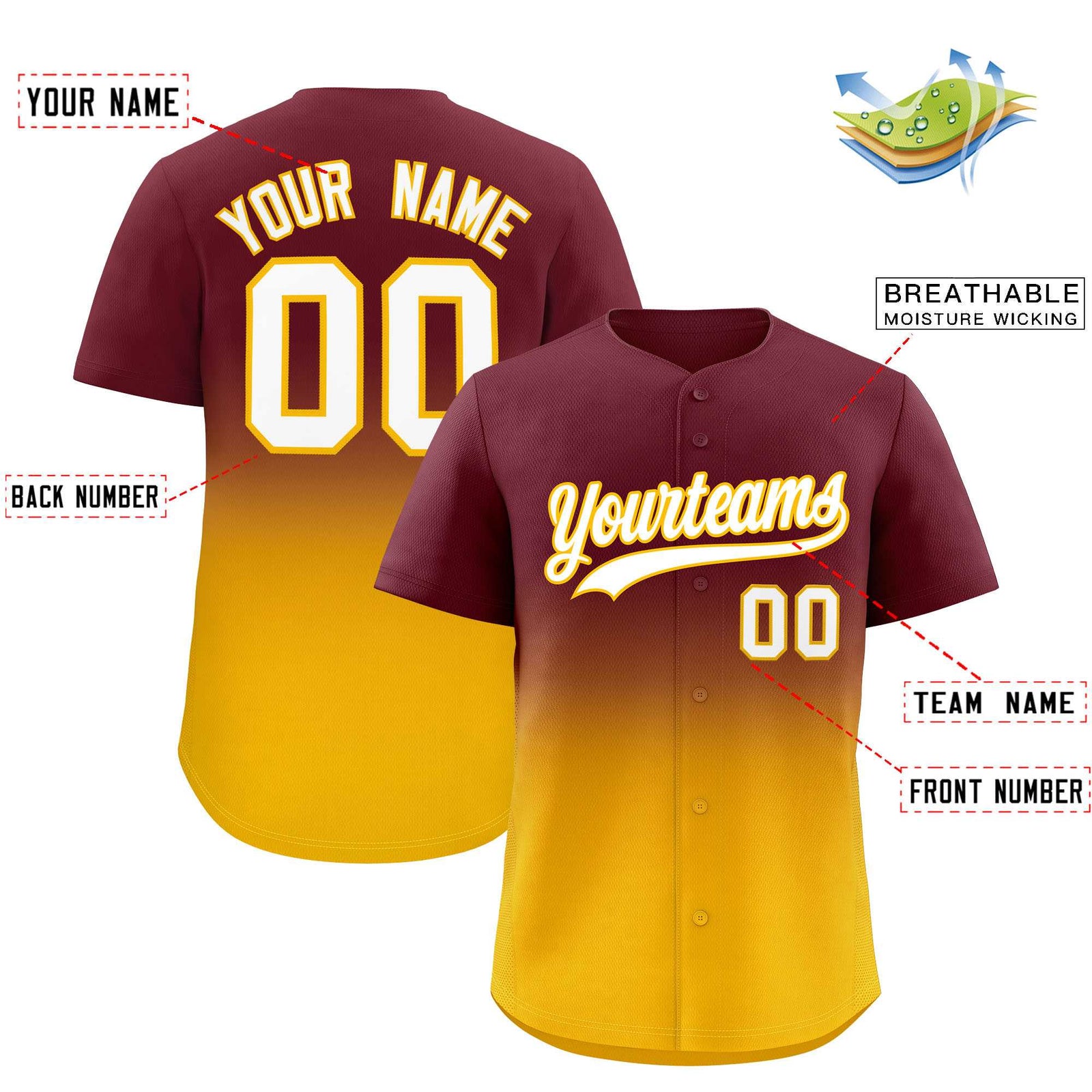Custom Maroon Yellow Gradient Fashion Authentic Baseball Jersey