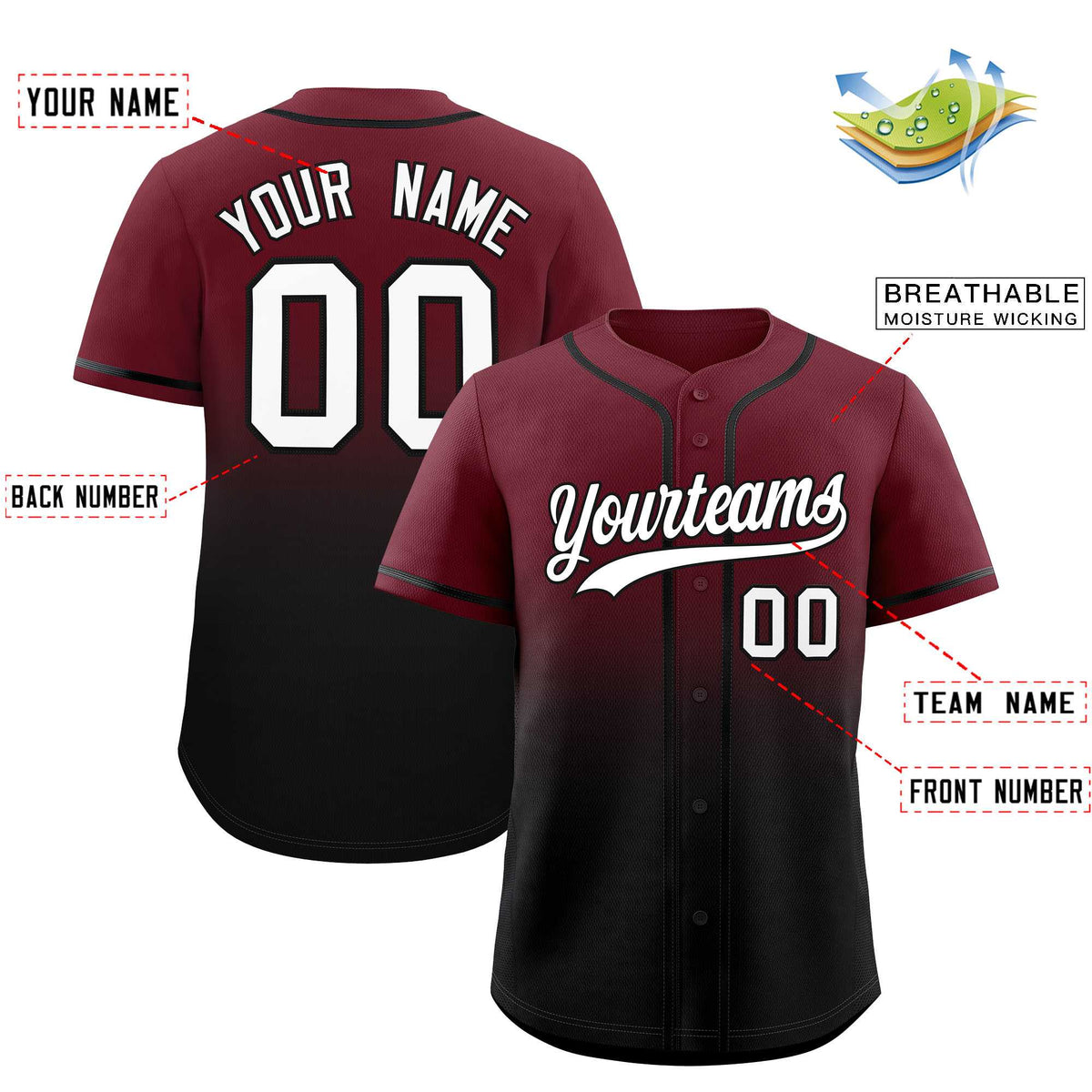 Custom Maroon Black Gradient Fashion Authentic Baseball Jersey