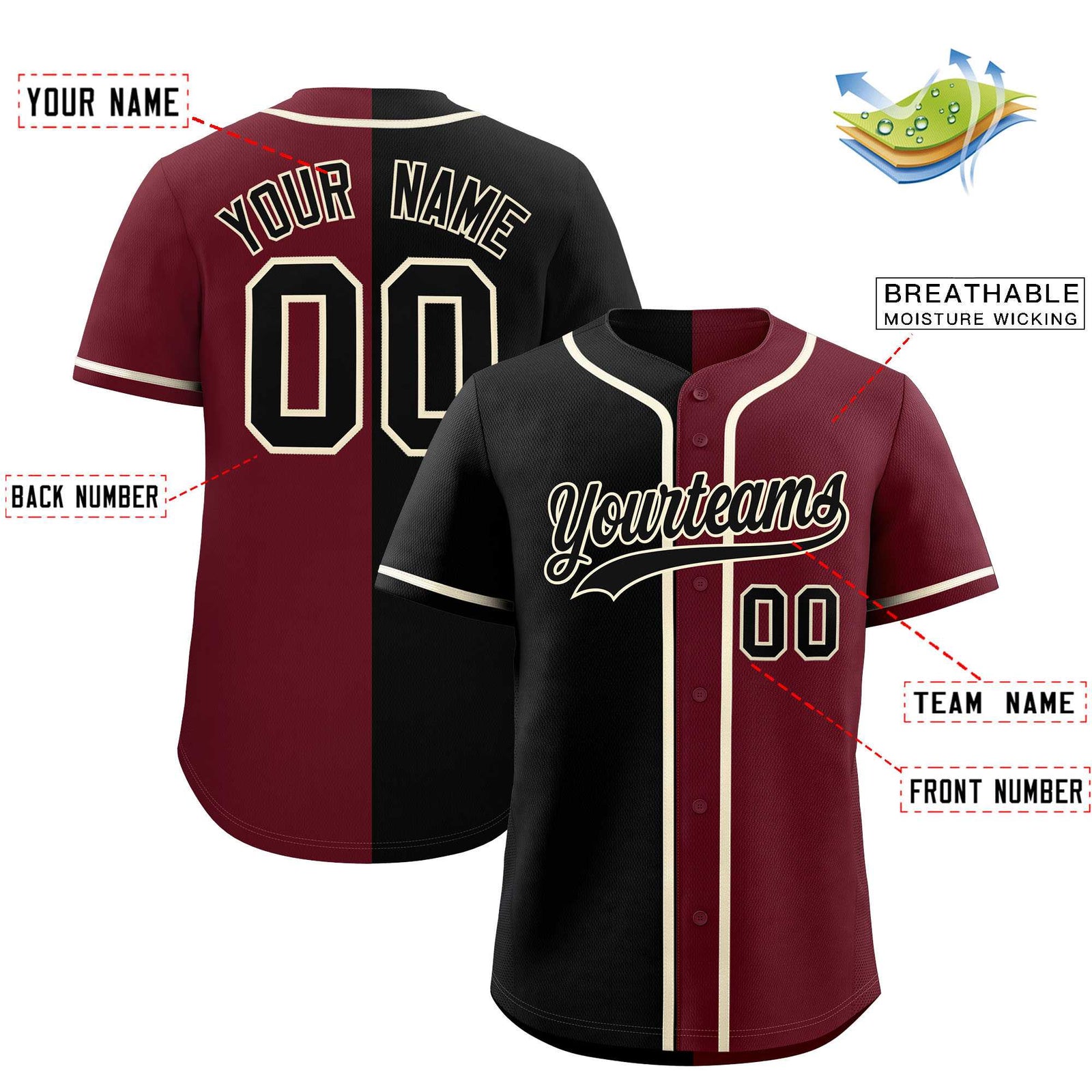 Custom Black Maroon Two Tone Gradient Fashion Authentic Baseball Jersey