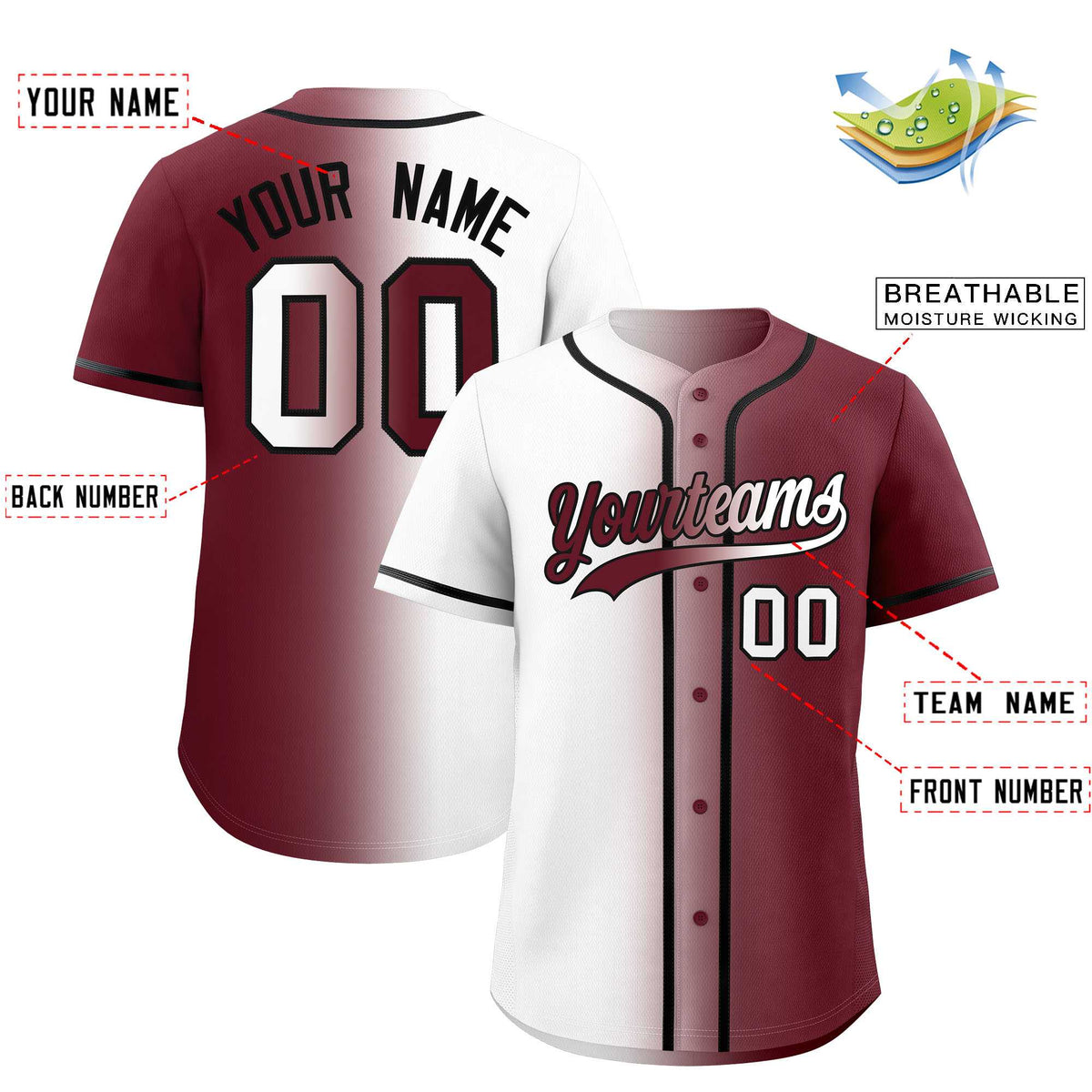 Custom White Maroon Two Tone Gradient Fashion Authentic Baseball Jersey