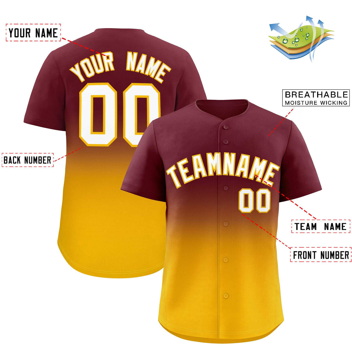 Custom Maroon Yellow Gradient Fashion Authentic Baseball Jersey