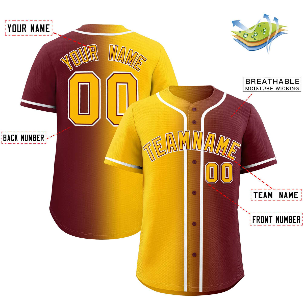 Custom Yellow Maroon Two Tone Gradient Fashion Authentic Baseball Jersey