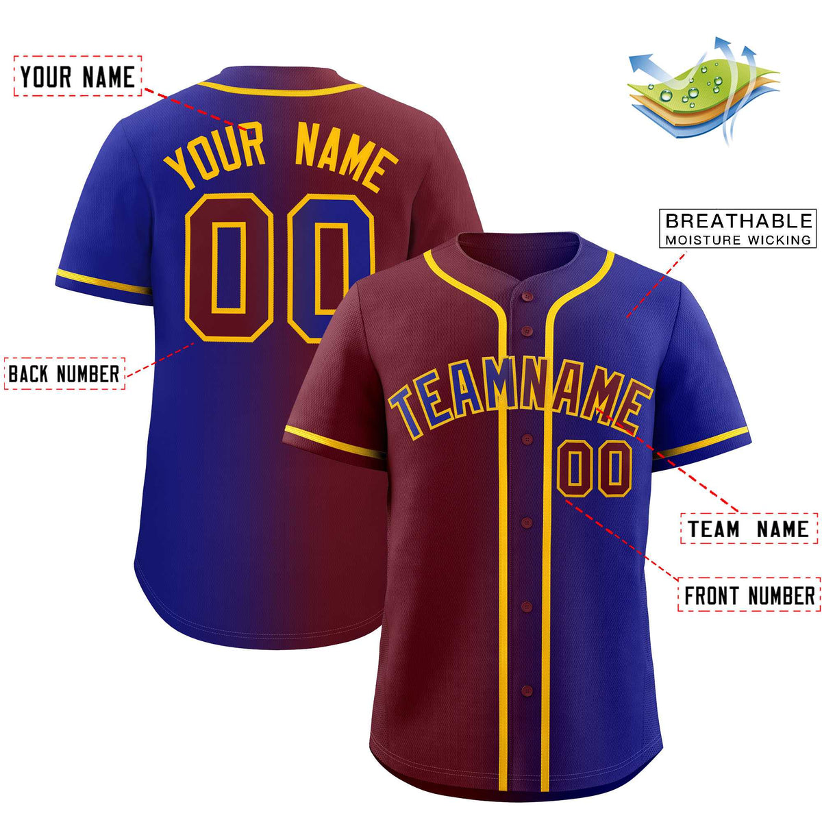 Custom Maroon Royal Two Tone Gradient Fashion Authentic Baseball Jersey