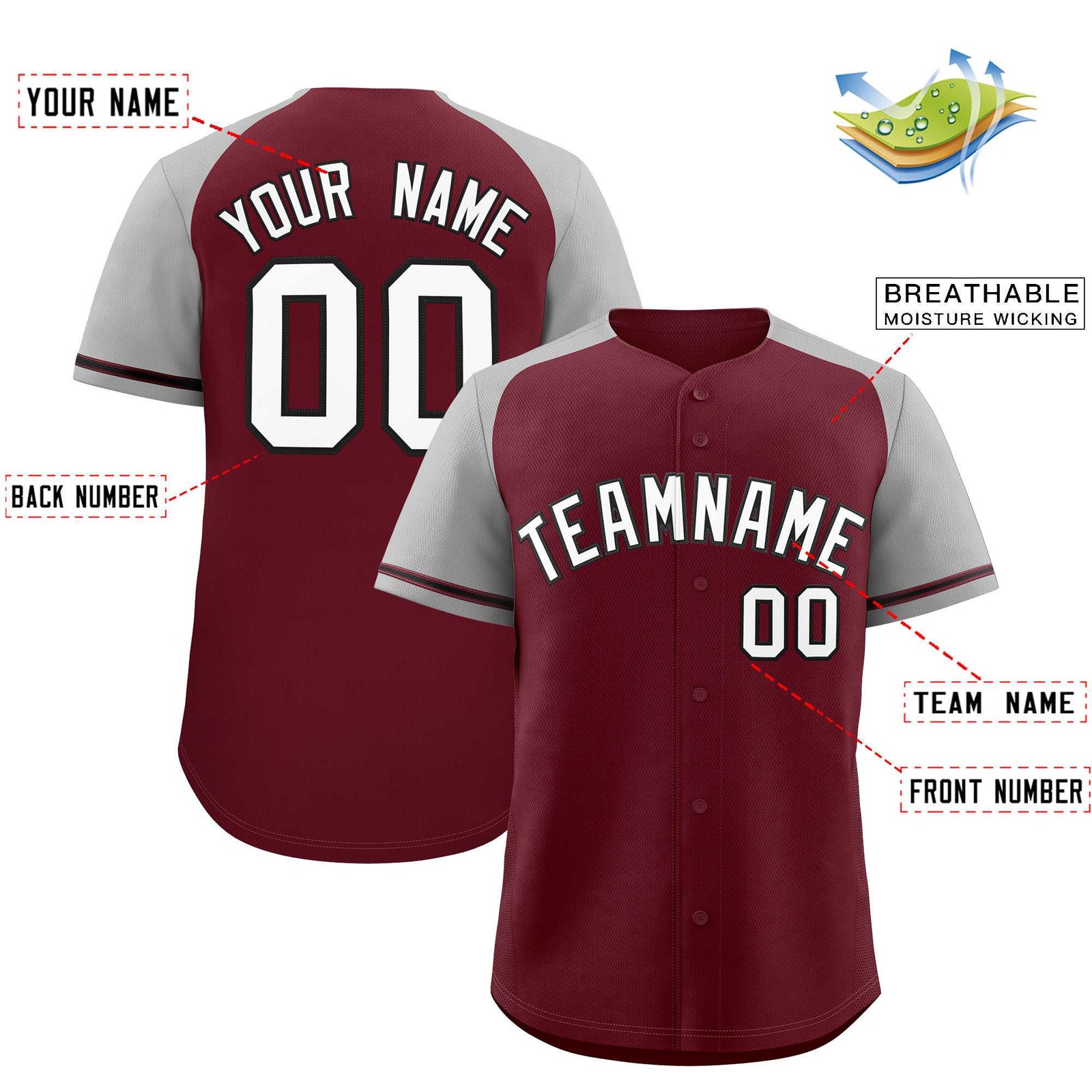 Custom Maroon Gray Raglan Sleeves Authentic Baseball Jersey