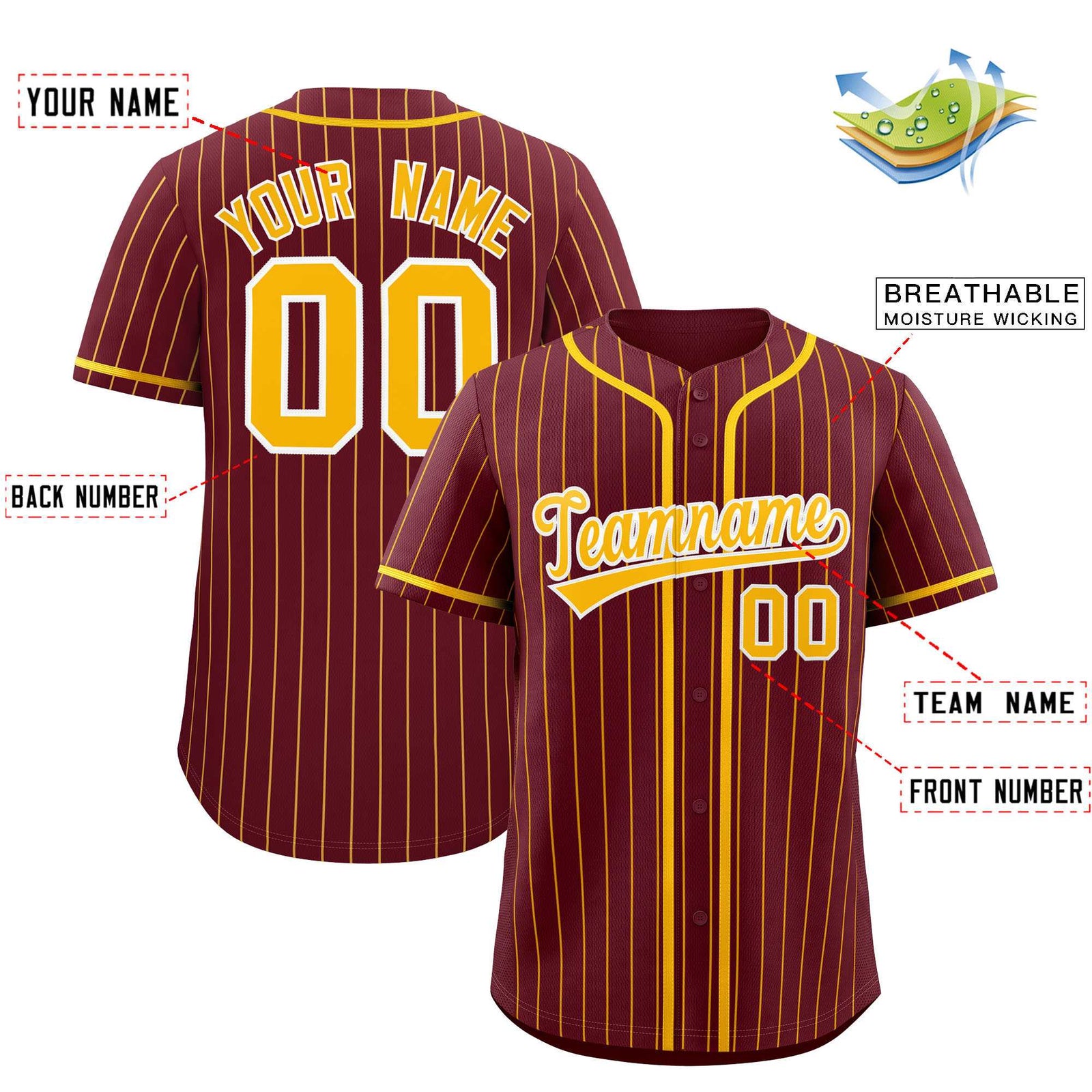 Custom Maroon Yellow Stripe Fashion Authentic Baseball Jersey