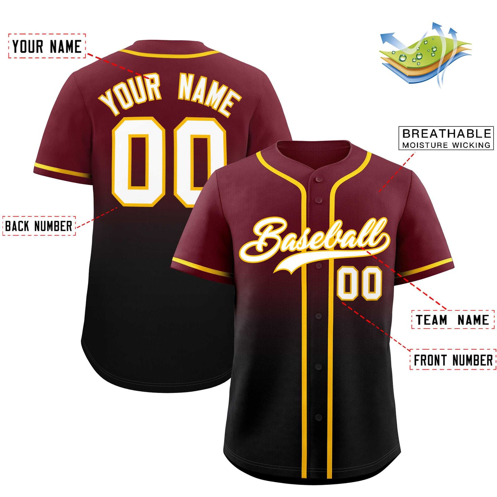 Custom Maroon Black Gradient Fashion Authentic Baseball Jersey