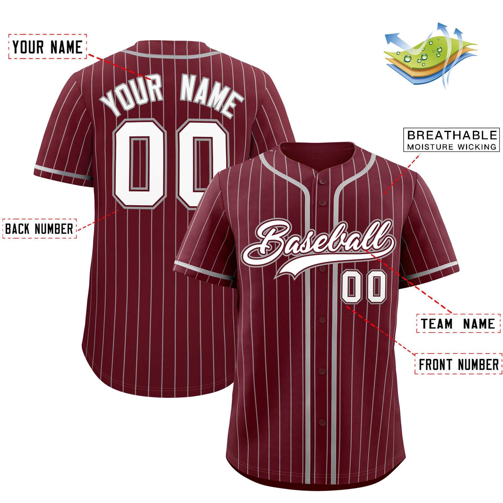 Custom Maroon Gray Stripe Fashion Authentic Baseball Jersey