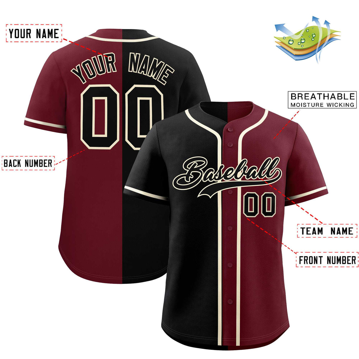 Custom Black Maroon Two Tone Gradient Fashion Authentic Baseball Jersey