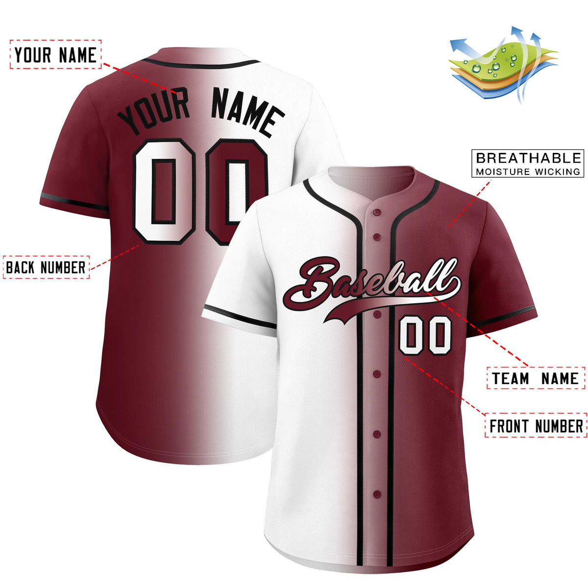 Custom White Maroon Two Tone Gradient Fashion Authentic Baseball Jersey