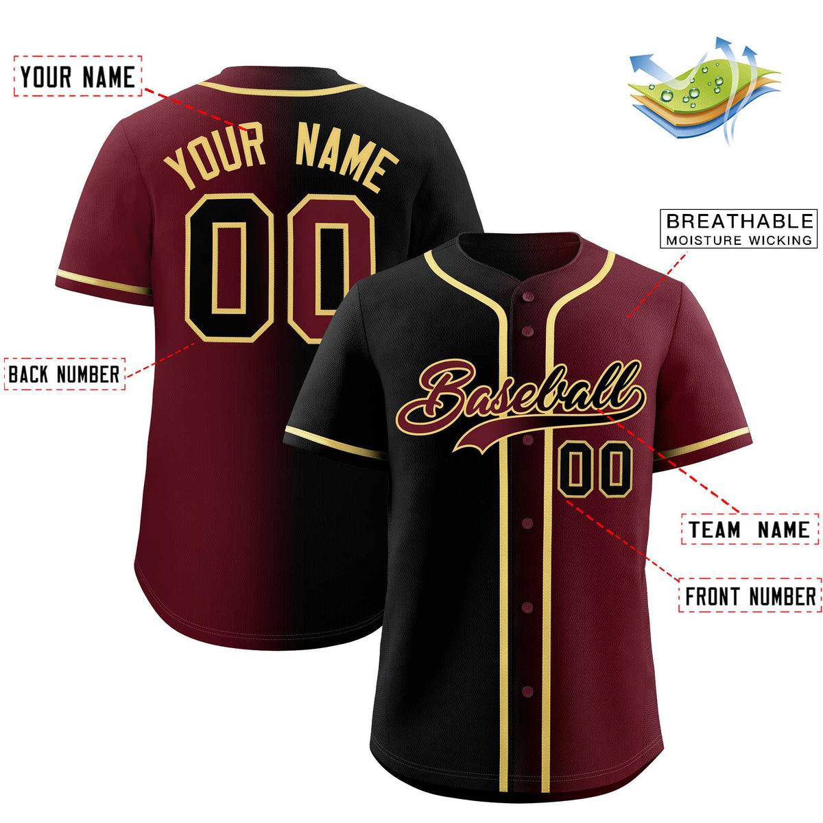 Custom Black Maroon Two Tone Gradient Fashion Authentic Baseball Jersey