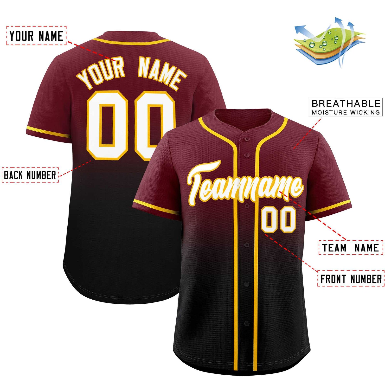 Custom Maroon Black Gradient Fashion Authentic Baseball Jersey