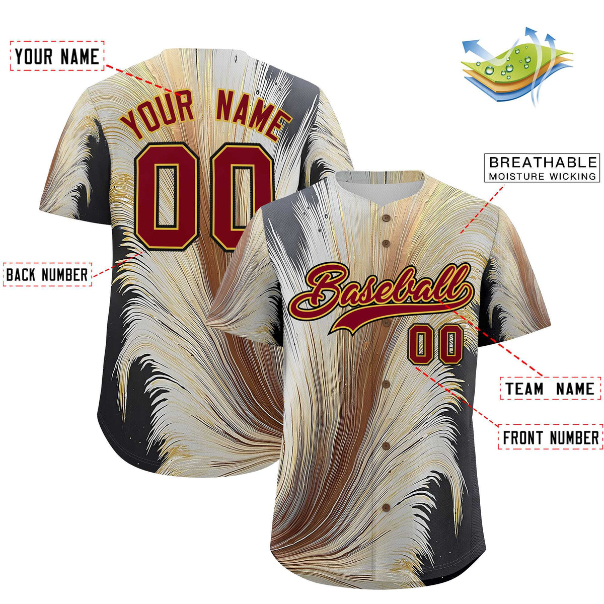 Custom Crimson Old Gold Fluid Feather Graffiti Pattern Authentic Baseball Jersey