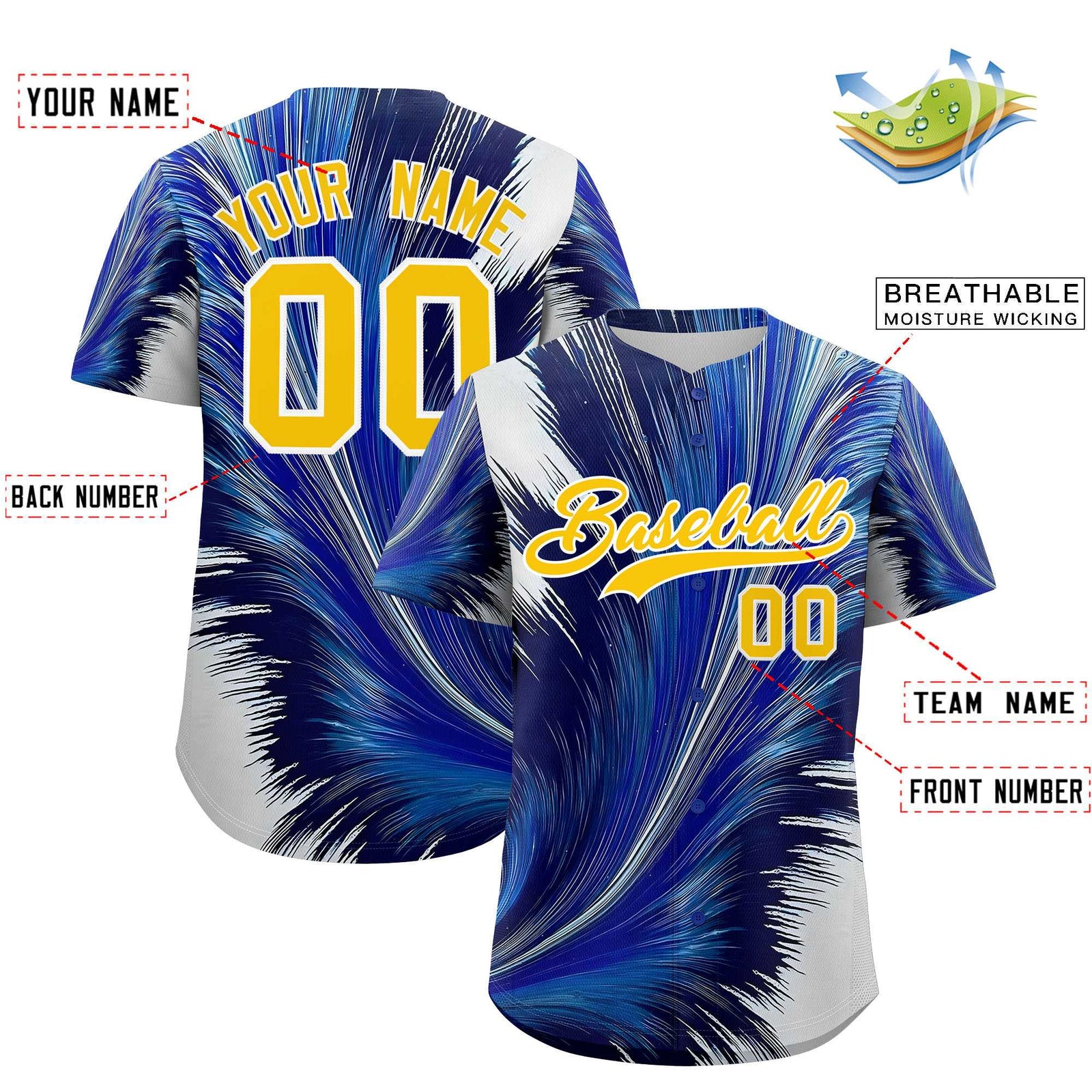 Custom Gold White Fluid Feather Graffiti Pattern Authentic Baseball Jersey