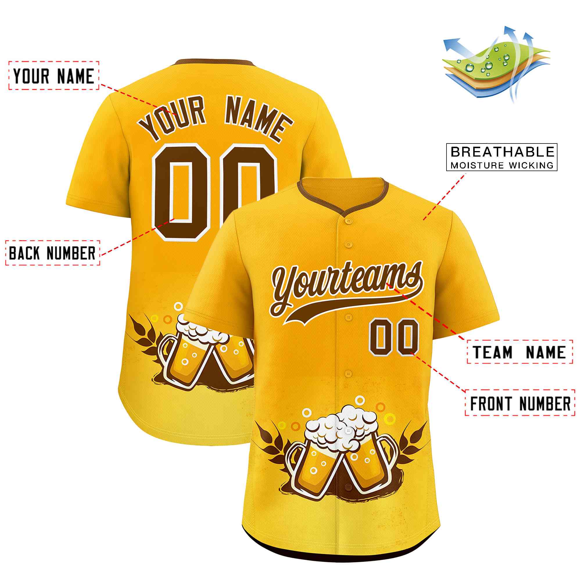 Custom Yellow Light Brown National Beer Day Personalized Beer Pattern Baseball Jersey | Suitable For Groups Or Parties | KXKSHOP