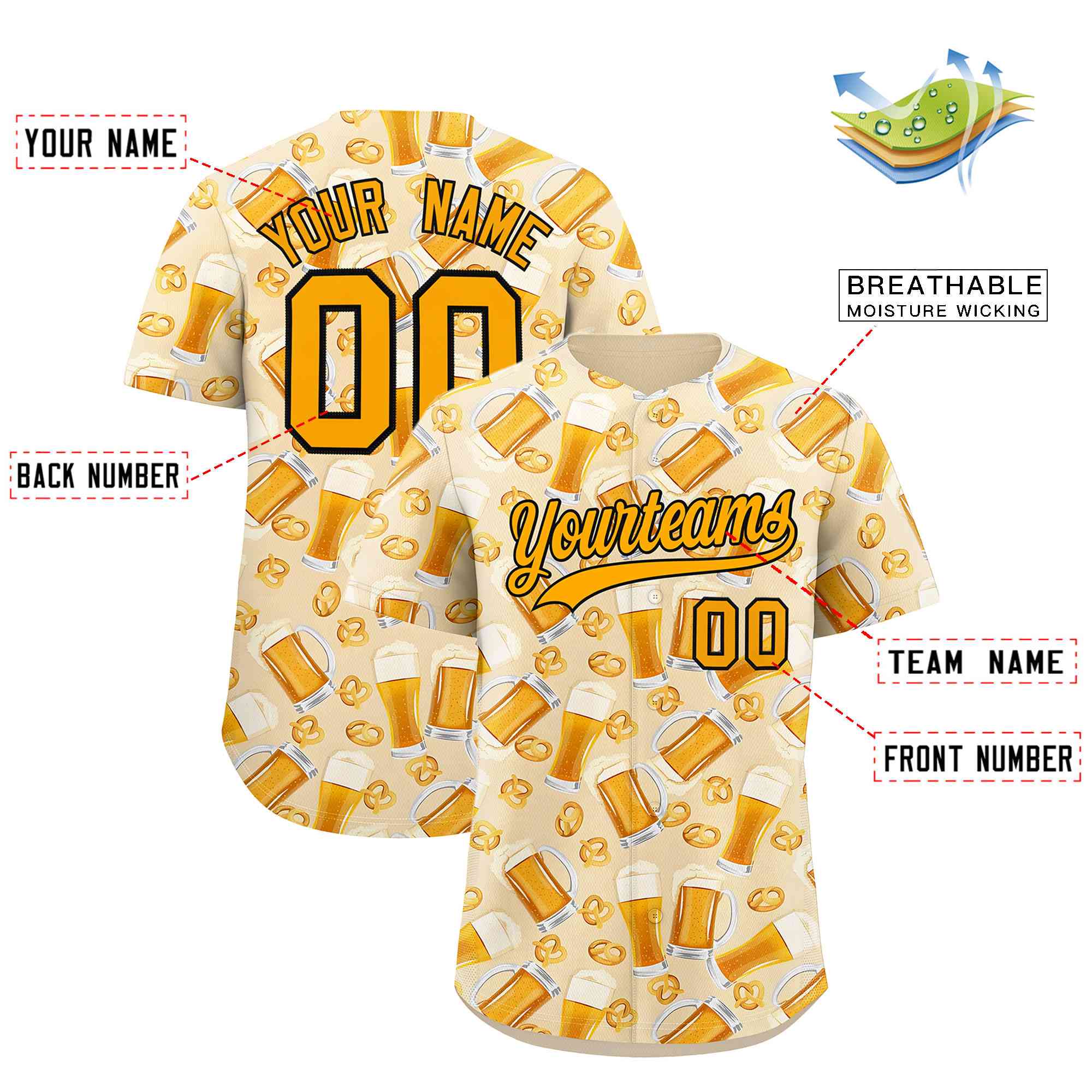 Custom Cream Orange National Beer Day Personalized Beer Pattern Baseball Jersey | Suitable For Groups Or Parties | KXKSHOP