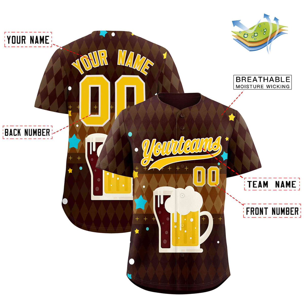 Custom Brown Light Brown National Beer Day Personalized Beer Pattern Baseball Jersey | Suitable For Groups Or Parties | KXKSHOP