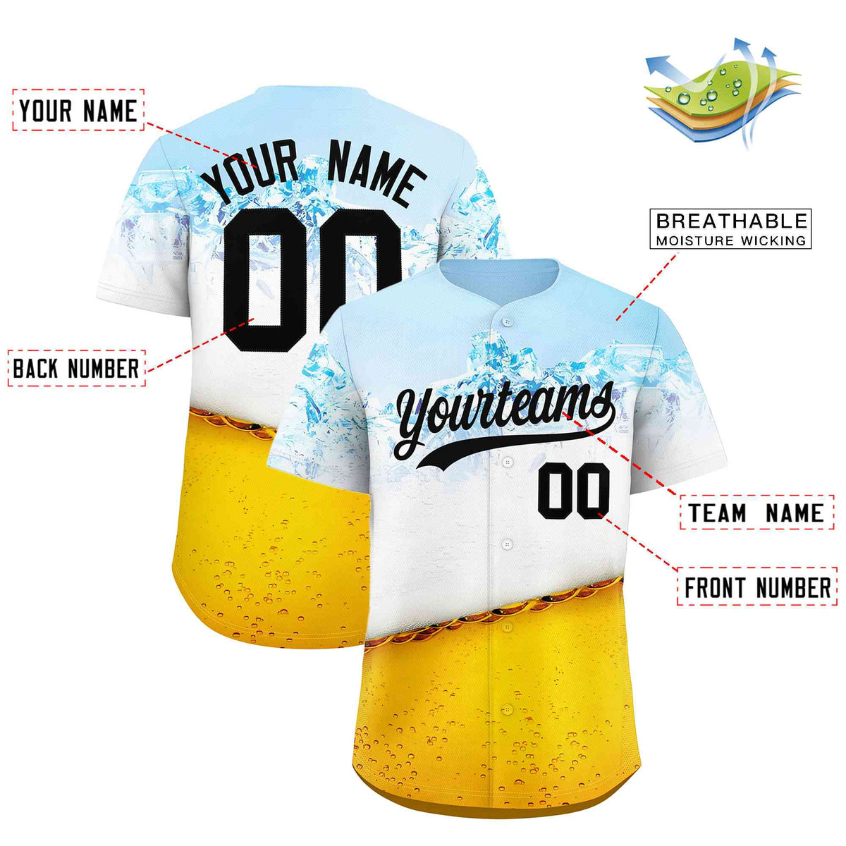 Custom Gold Light Blue National Beer Day Personalized Beer Pattern Baseball Jersey | Suitable For Groups Or Parties | KXKSHOP